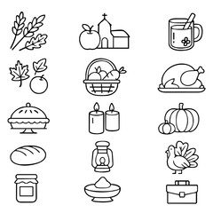 Thanksgiving and Autumn Outline Icons Fall Feast and Harvest Set