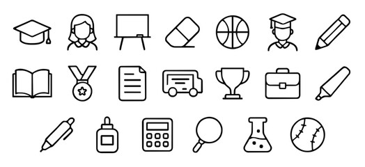 Outlined Education Icons School Tools, Trophy, and Supplies Set