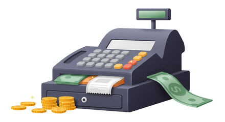 Illustration of a cash register with money around it; stacks of coins and currency, suggesting financial transactions and retail business.