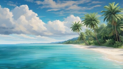 High-angle, full shot of a tropical beach.