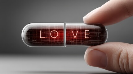 Obraz premium closeup of hand holding large oblong red pill with inscription LOVE.