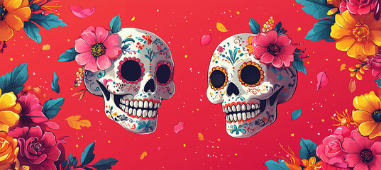 colorful mexican inspired pattern with stylized sugar skulls and floral motifs, bright and festive