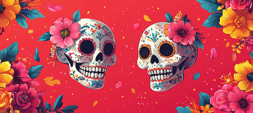 colorful mexican inspired pattern with stylized sugar skulls and floral motifs, bright and festive