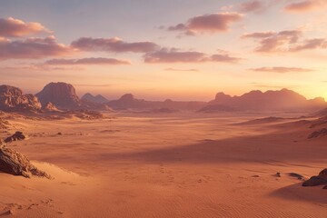 Desert sunset panorama, golden hour