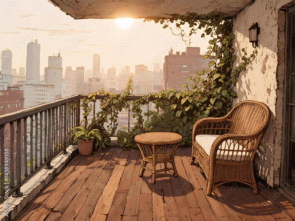 Poster 日当たりの良い朝の都会のバルコニーの風景 木の椅子と小さなテーブル 自然光が差し込む静かな休息空間