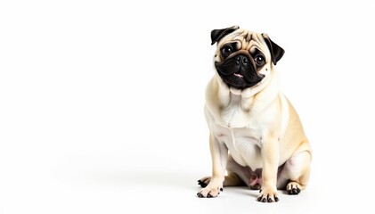 Adorable pug dog sitting, isolated on white background, small dog, friendly, portrait