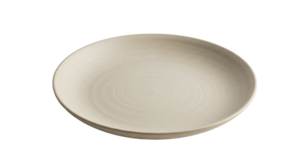 Elevated view of a simplistic off-white ceramic dinner plate on a plain background