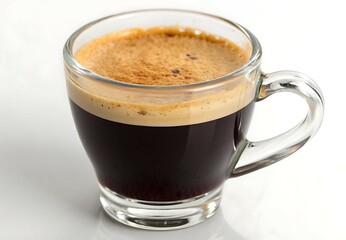 Obraz premium Rich and Aromatic Dark Coffee in a Clear Glass Mug with a Creamy Golden-Brown Crema Topping, Perfect for a Morning or Afternoon Pick-Me-Up