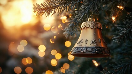 Christmas bell ornament on fir tree with lights