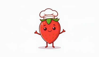 Cheerful Anthropomorphic Strawberry Chef Cartoon Isolated on White Sweet Red Character with Rosy Cheeks and Chef Hat Standing Gesturing with Arms in Friendly Manner Perfect Decoration