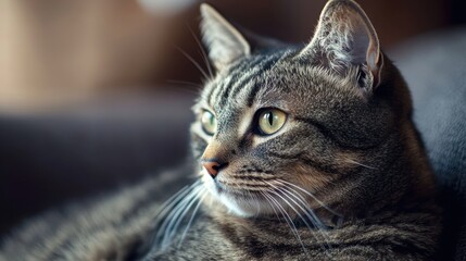 Serene Tabby Cat Portrait  Close up  Green Eyes  Fluffy Fur