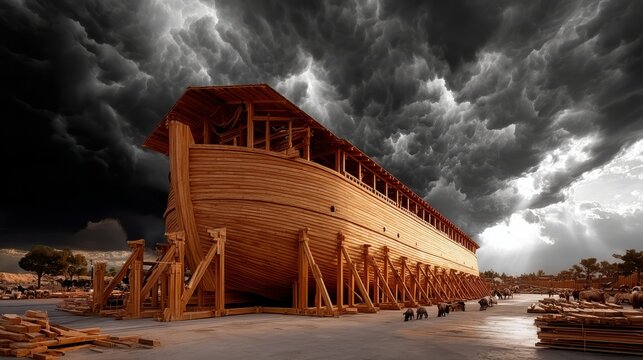 The Illustration depicts Noah's Ark, the biblical vessel built by Noah to save his family and the animals from the Great Flood. It shows Noah constructing the Ark and the gathering of animals.