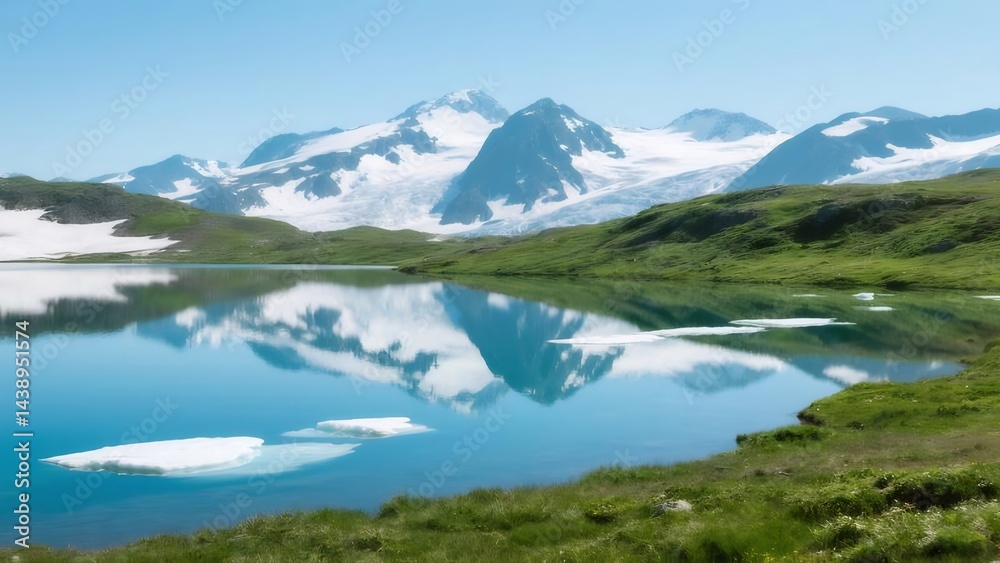 Poster 青い空の下 穏やかな湖面に山々の景色が映る 夏の爽やかな自然風景 雪を抱く山々と緑豊かな草地のコントラスト 晴天の美しい自然景観