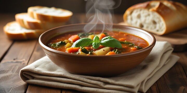 A steaming bowl of vegetable soup with carrots, spinach, and pasta garnished with basil, served in a rustic clay bowl on a wooden table with slices of fresh bread in the background.


