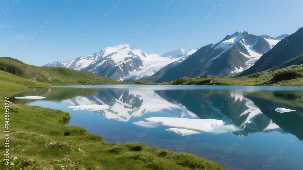 Poster 雪山と湖の風景 青い空と水面の反射 自然の美しさ 夏の晴天