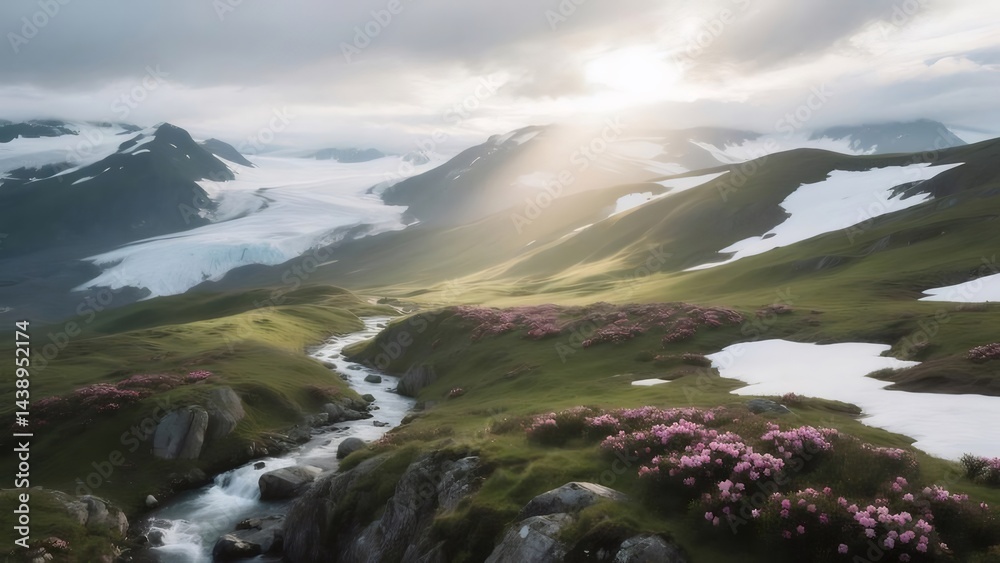 Aufkleber ピンクの花咲く高山草地と清流の風景 山岳地帯の美しい自然光に照らされた風景