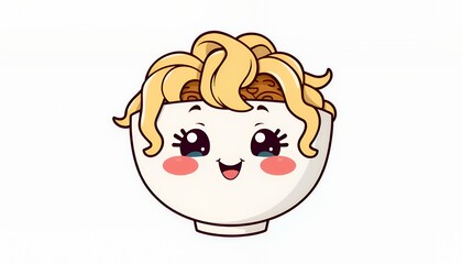 Obraz premium Kawaii Anthropomorphic Noodle Bowl Illustration with Sparkling Eyes Rosy Cheeks on White Background for Digital Art and Cheerful Design Elements Isolated by White Screen
