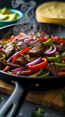 A sizzling pan of beef fajitas featuring grilled steak chunks, red and green bell peppers, and red onions, with tortillas and avocado in the background, showcasing vibrant colors and steam rising from