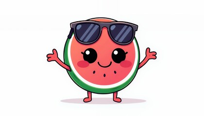 Fototapeta premium Kawaii Anthropomorphic Watermelon with Black Sunglasses Character Illustration With Cheerful Smile in Flat Style Design Isolated on White Background For Decoration