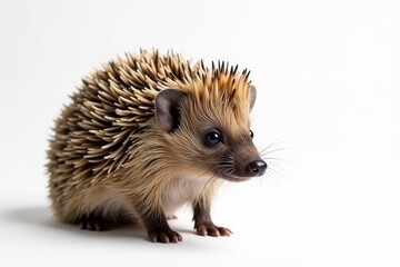 Obraz premium Brown hedgehog, spines visible, on plain white backdrop, hedgehog, spines, white