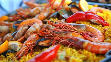 Colorful paella dish with seafood