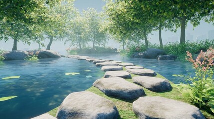 Serene Stone Path  Tranquil Pond  Summer Landscape
