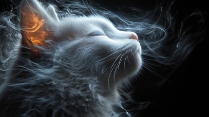 Glowing white cat with smoky aura