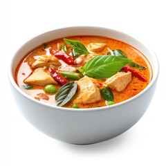 Fototapeta premium This vibrant food photo features a delicious Thai spicy chicken curry alongside a comforting bowl of chicken noodle soup, one with rice noodles, showcasing a flavorful meal with chicken, vegetables, a