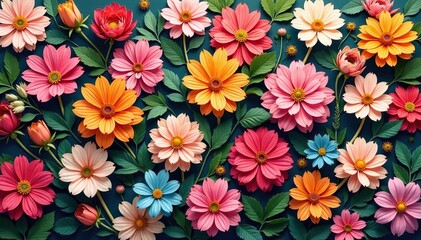 Densely packed stylized flower motif, muted tones, graphic, art