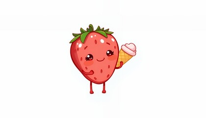 Fototapeta premium Kawaii Pixel Art Strawberry Character Holding Ice Cream Cone With Smiling Face and Rosy Cheeks on White Background for Decoration and Digital Design Elements