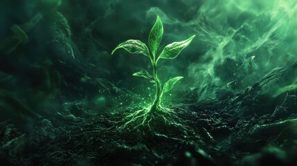 Glowing Plant Sprout  Mystical Roots  Dark Soil  Green Smoke