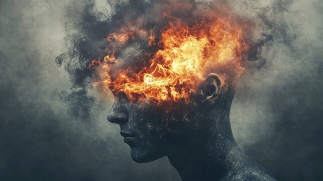 Burning Mind  Intense Fire Head  Abstract Surreal Art