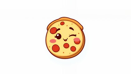 Fototapeta premium Playful Kawaii Pizza Slice Illustration with Winking Eye and Rosy Cheeks on a White Background Perfect for Decoration or Children's Books Featuring Cute Anthropomorphic Character Design