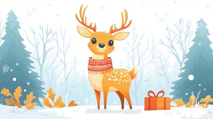 Naklejka premium Adorable deer in snowy forest wearing red scarf with gift box