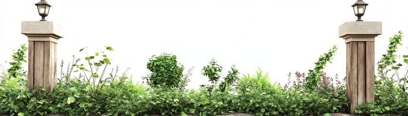 Obraz premium Lush green hedge with stone pillars and decorative lanterns, white isolate background.