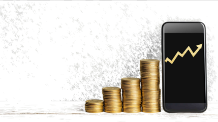 Woman checking smartphone golden dollar and yen coins forex trade arrow rising clean minimalist white background