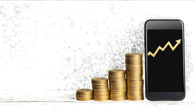 Woman checking smartphone golden dollar and yen coins forex trade arrow rising clean minimalist white background