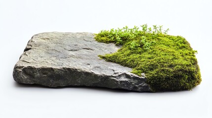 Stone with green moss, isolated on a white background.