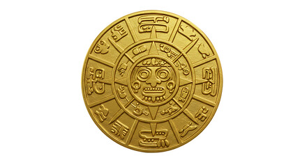 Golden Aztec sun stone replica with intricate detailing, a tribute to ancient civilization