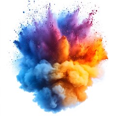 Fototapeta premium Colorful powder explosion isolated on a white background. A colorful, rainbow-colored dust splash, an abstract explosion of colors. A vibrant paint powder burst or swirl with a copy space area for des