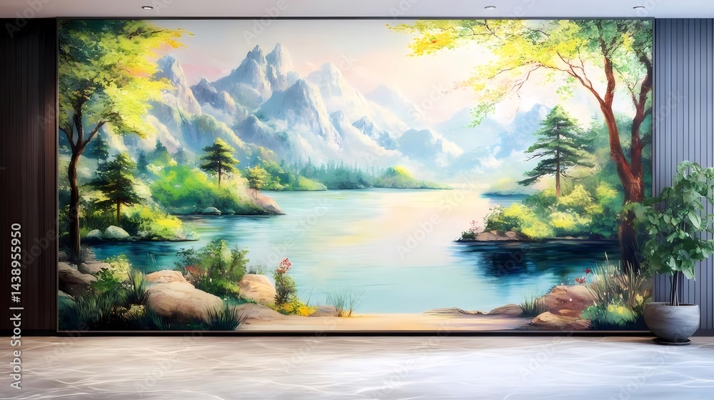 Aufkleber 水彩画の湖と山々の風景 壁面装飾 緑豊かな木々と植物 明るい色彩の自然美
