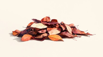 Colorful pile of autumn leaves on a white isolated background.
