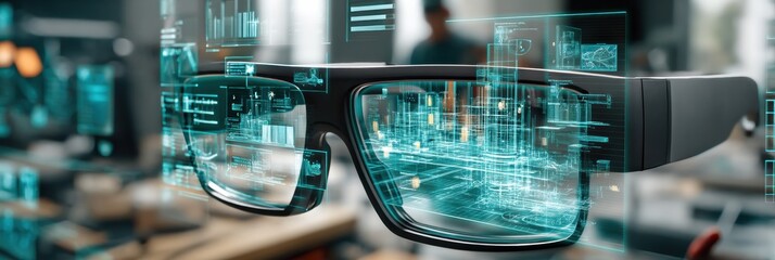 Augmented Reality Glasses Showing Transparent User Interface Overlays in a Modern Indoor Workspace During a Creative Brainstorming Session