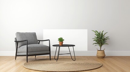 Modern Living Room Interior with Armchair, Table, and Potted Plants