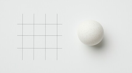 A minimalist composition featuring a grid and a spherical object, emphasizing simplicity and geometric forms.
