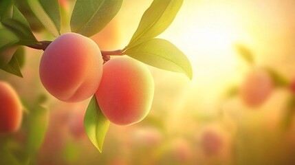 Ripe peaches on a branch at sunset