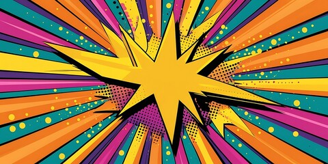 Fototapeta premium Vibrant comic book pop art explosion background with dynamic lines, colorful rays, and bold halftone dots, ideal for graphic design and retro comic themes.