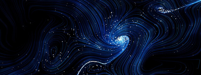 Abstract Cyber Big Data Flow Particles. Big Data Flow And Artificial Intelligence With Lines And A Grid Wave Pattern Ideal For Data Analytics And Technology Concepts.