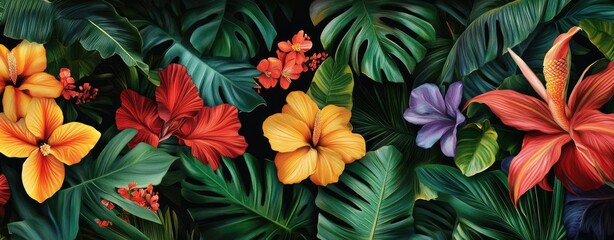 A vibrant arrangement of tropical flowers and lush green leaves. creating a rich and colorful backdrop. ideal for nature-themed projects and botanical illustrations