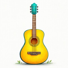 Obraz premium Illustrated Yellow Acoustic Guitar with Teal Headstock